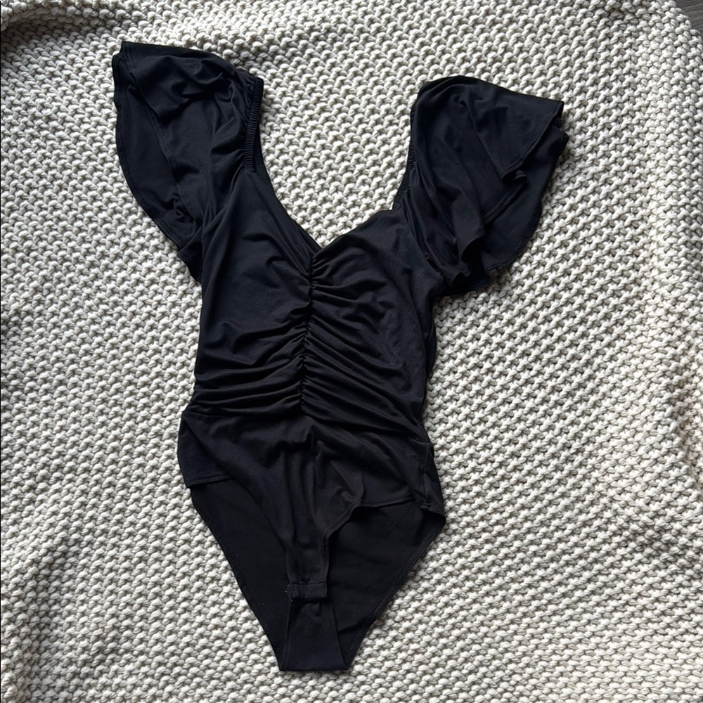 Black Ruched Bodysuit with Flutter Sleeves